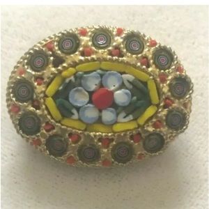Vintage 1960s Venetian Micro Mosaic Pin Brooch Floral God Tone oval